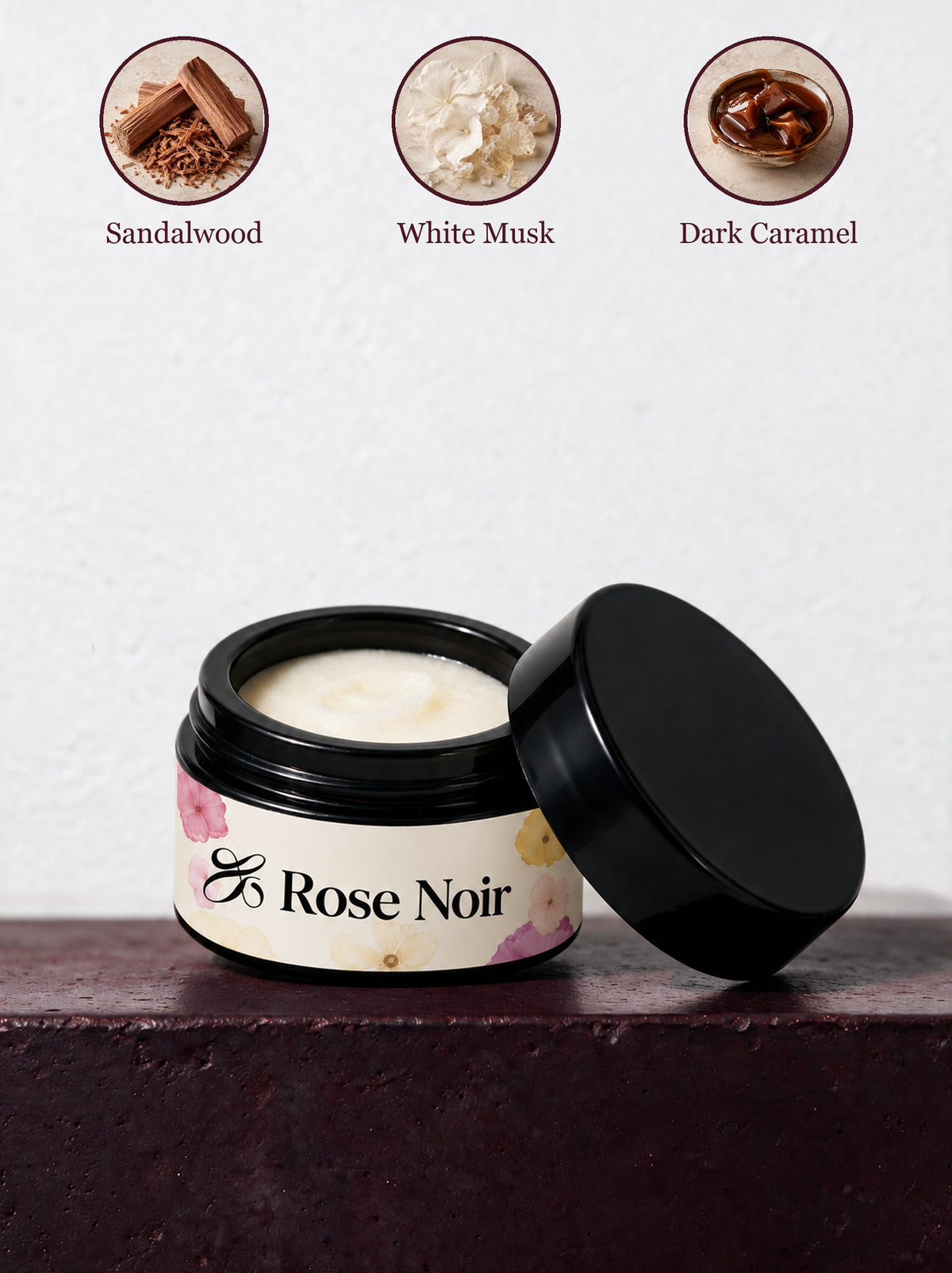Rose Noir scent notes: sandalwood, white musk, and dark caramel