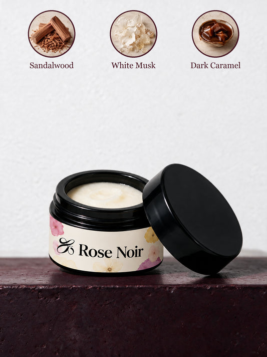 Rose Noir scent notes: sandalwood, white musk, and dark caramel
